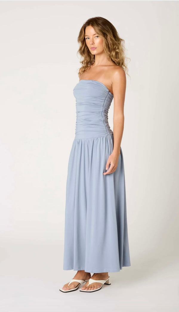 NIA Slate Blue Strapless Ruched Drop Waist Bodice Flowing Bottom Maxi Dress