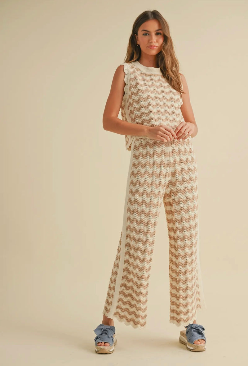 Miou Muse Tan/White Crochet Pants