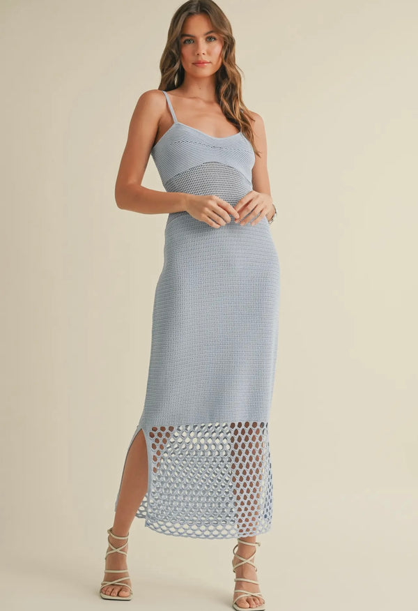 Miou Muse Light Blue Net Pattern on Bottom Knit Maxi Dress