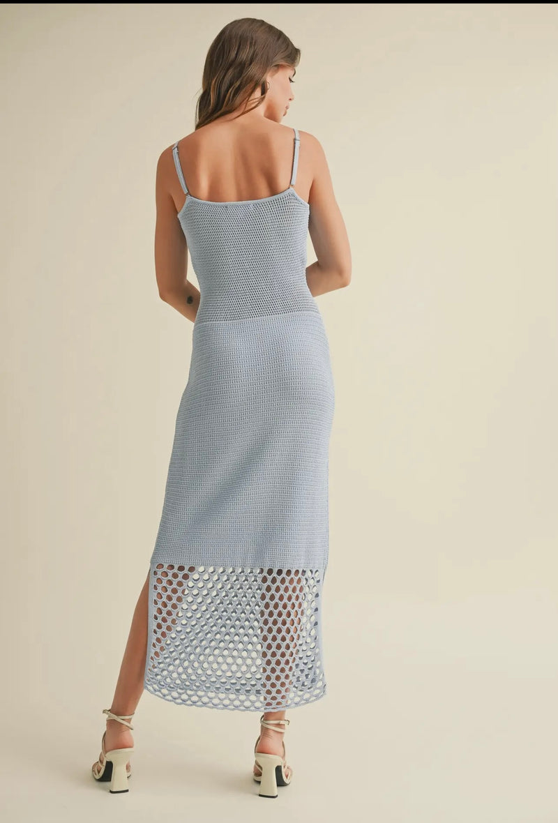 Miou Muse Light Blue Net Pattern on Bottom Knit Maxi Dress
