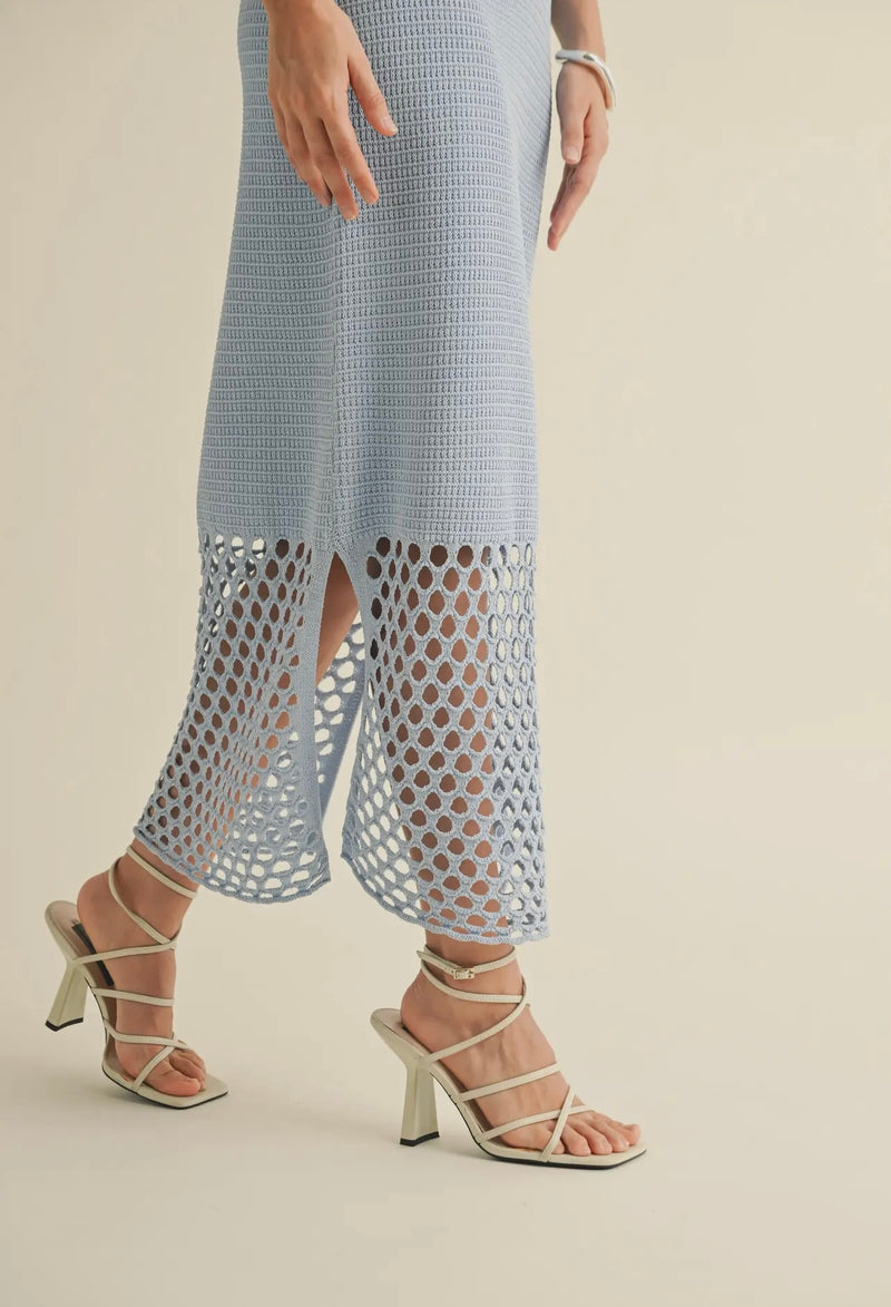 Miou Muse Light Blue Net Pattern on Bottom Knit Maxi Dress