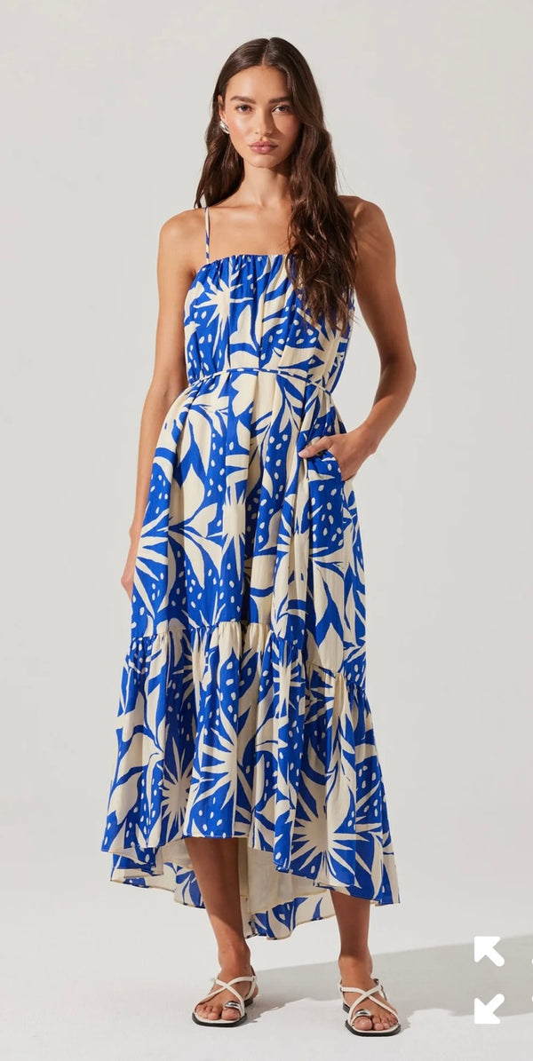 ASTR Blue Tropical Sarina Linen Blend High Low Skirt Removable Belt w/Pockets Maxi Dress