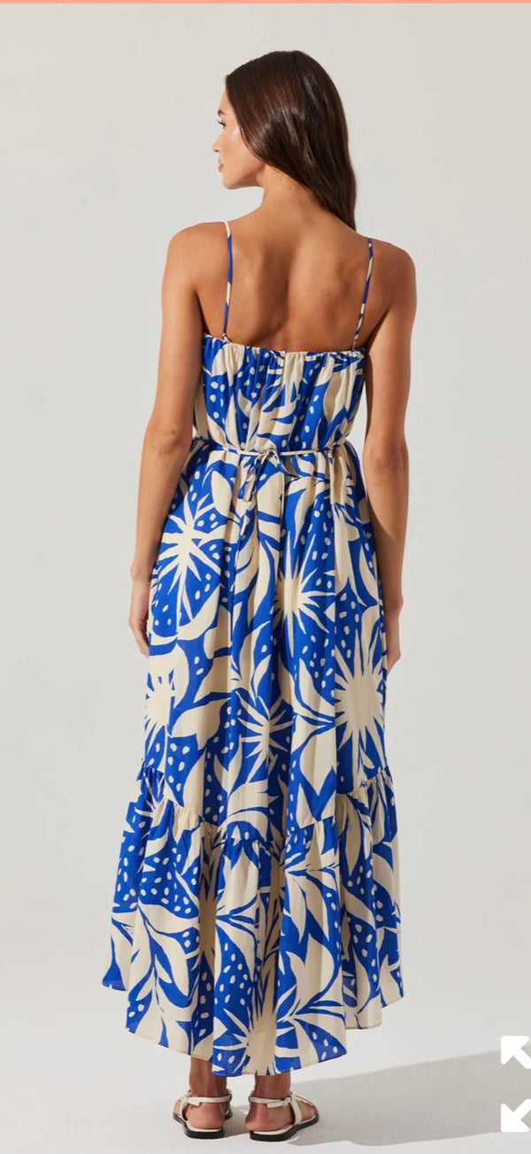 ASTR Blue Tropical Sarina Linen Blend High Low Skirt Removable Belt w/Pockets Maxi Dress