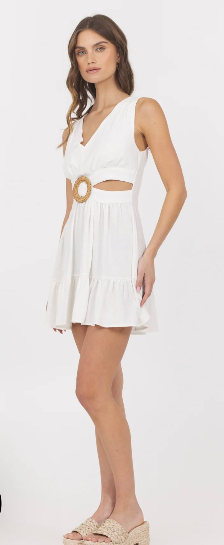 Vintage Havana White Linen W/Wooden O Ring Bodice Mini Dress