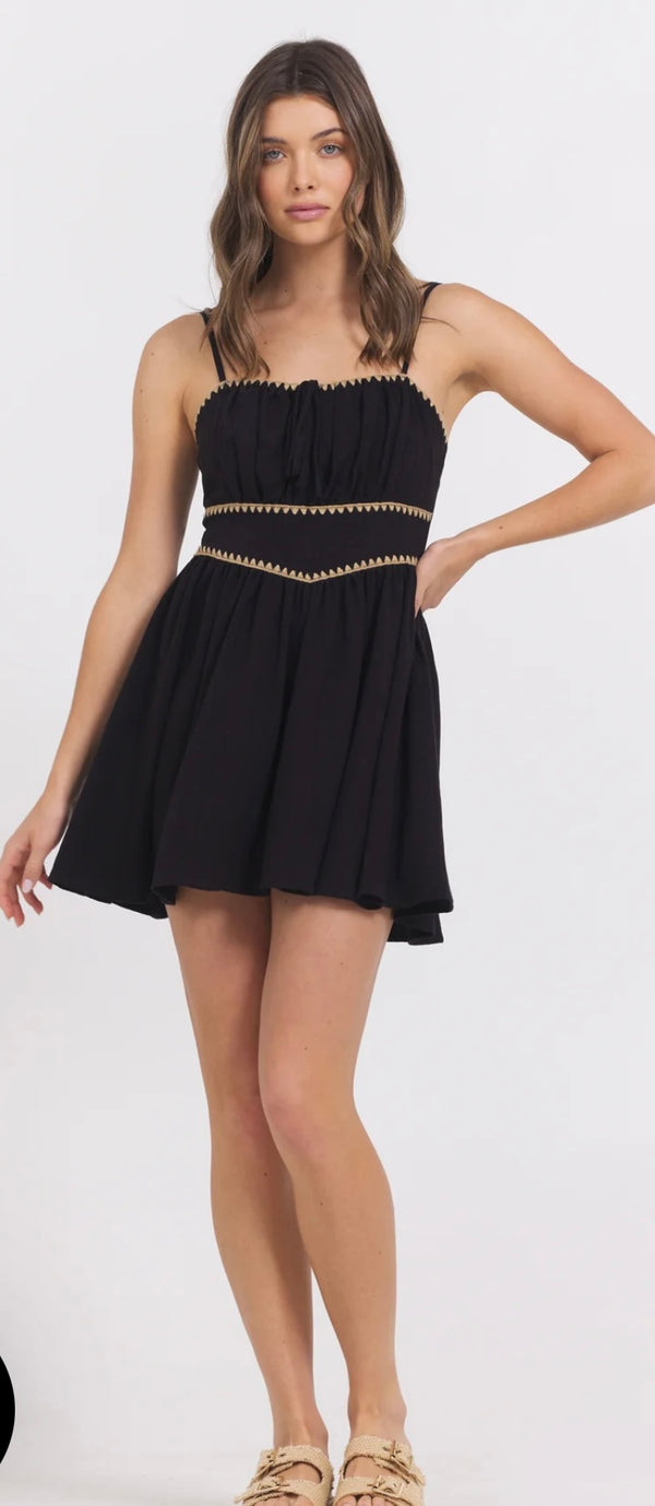 Vintage Havana Black Tan Whip Stitch Spaghetti Strap Mini Dress