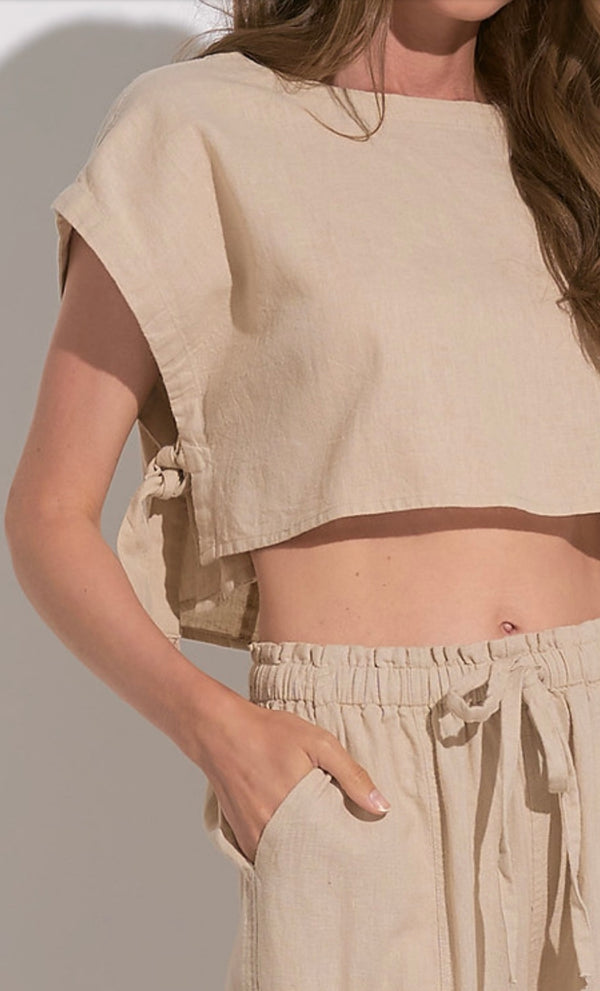 Elan Sand Cropped Side Tie Short Sleeve Top