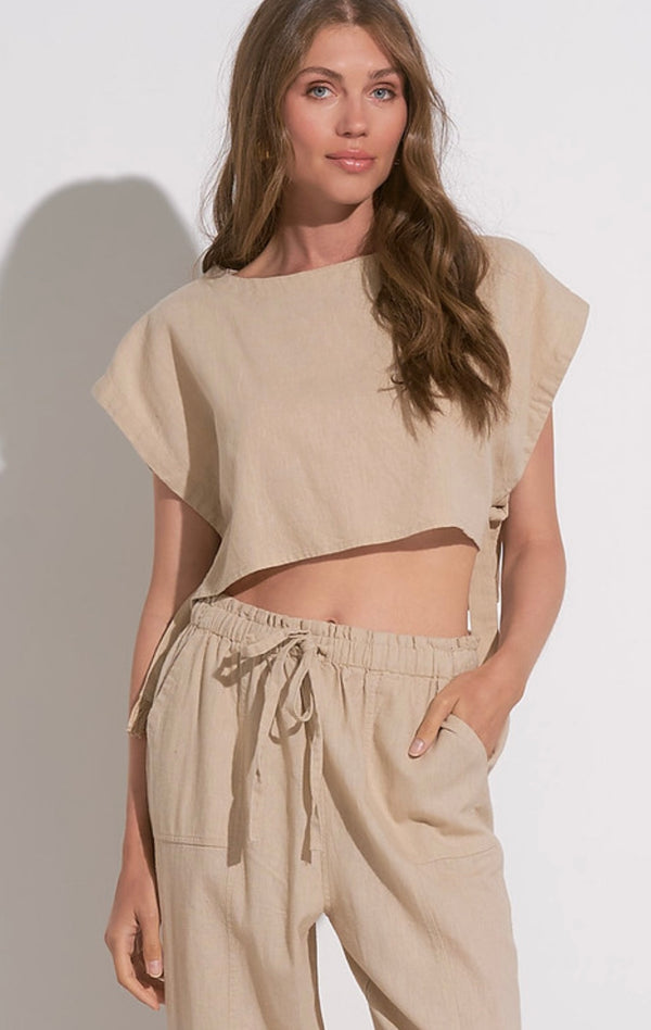 Elan Sand Cropped Side Tie Short Sleeve Top