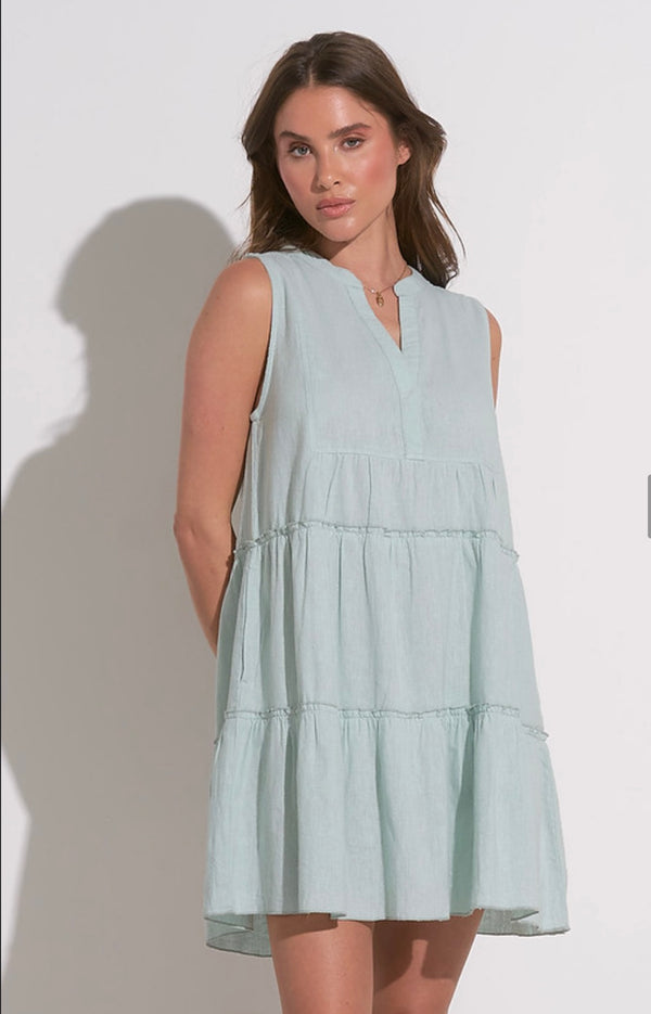 Elan Light Teal Tiered Neck Shift Mini Dress