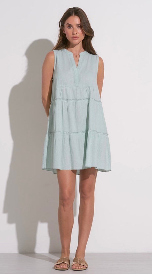 Elan Light Teal Tiered Neck Shift Mini Dress
