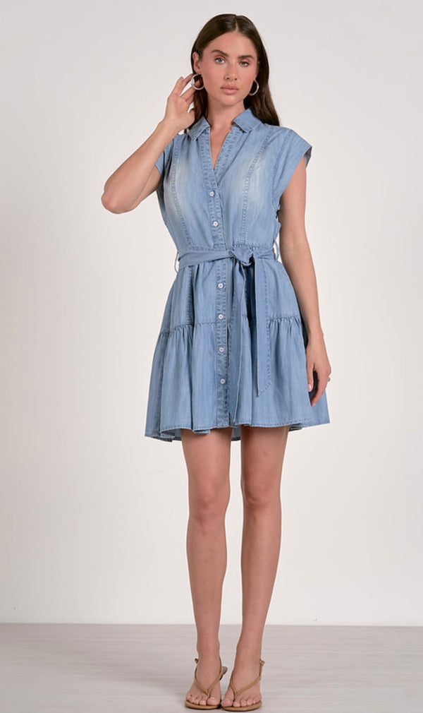 Elan Blue Denim Belted Waist Short Cap Sleeve Mini Dress