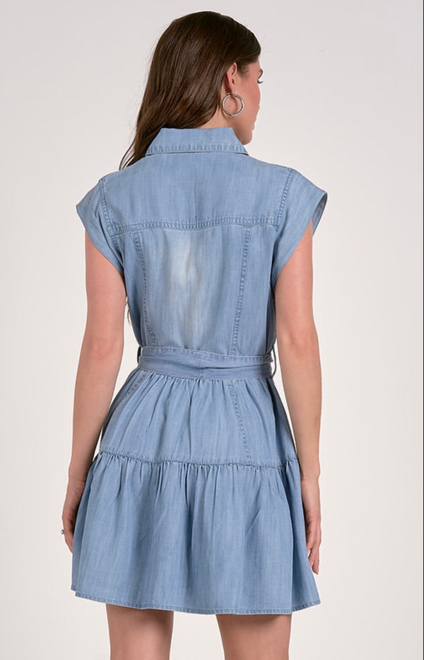 Elan Blue Denim Belted Waist Short Cap Sleeve Mini Dress