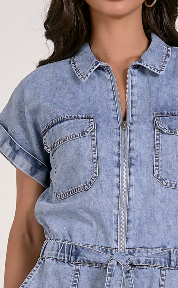 Elan Denim Wash Belted Elastic Waist Short Sleeve Romper