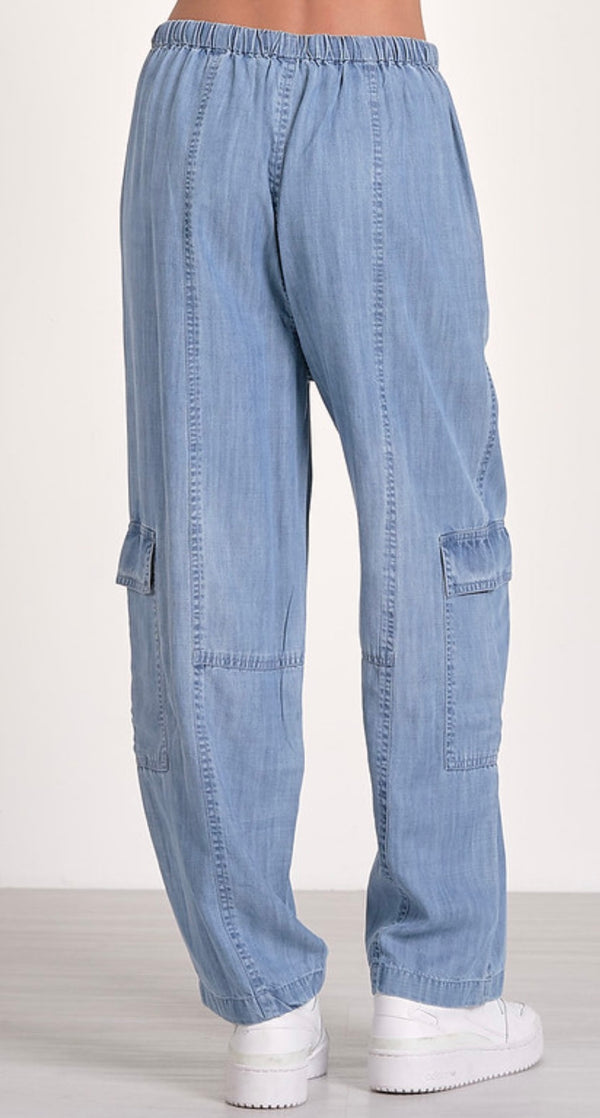 Elan Denim Blue Tie Waist Cargo Relaxed Pant