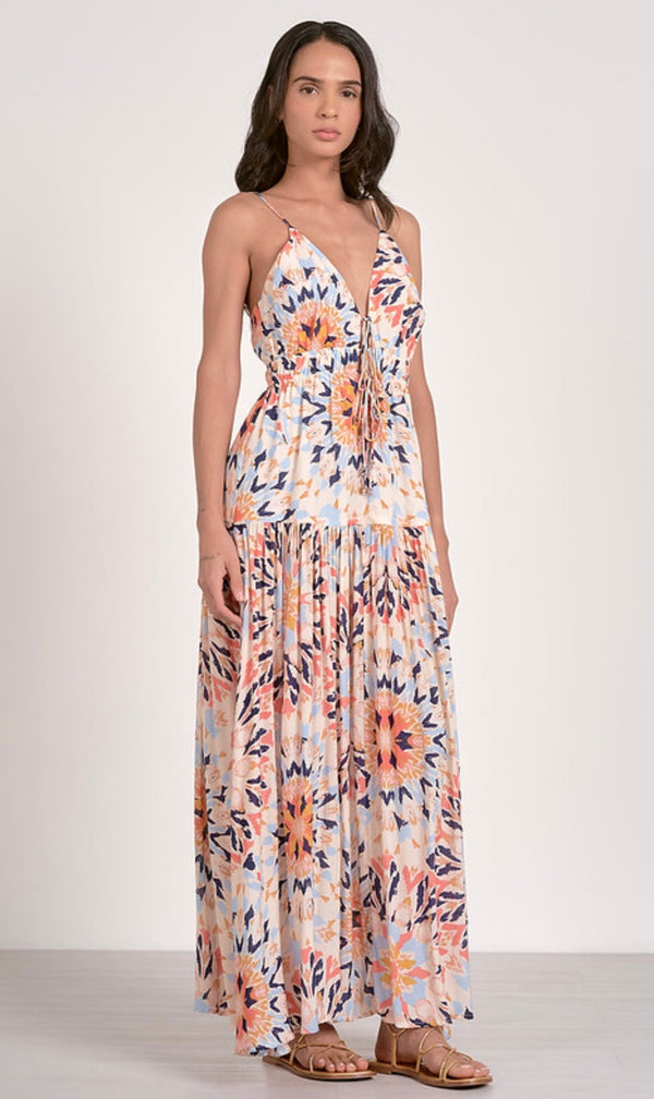 Elan Multi Kaleidoscope Spaghetti Strap Deep Neck Maxi Dress