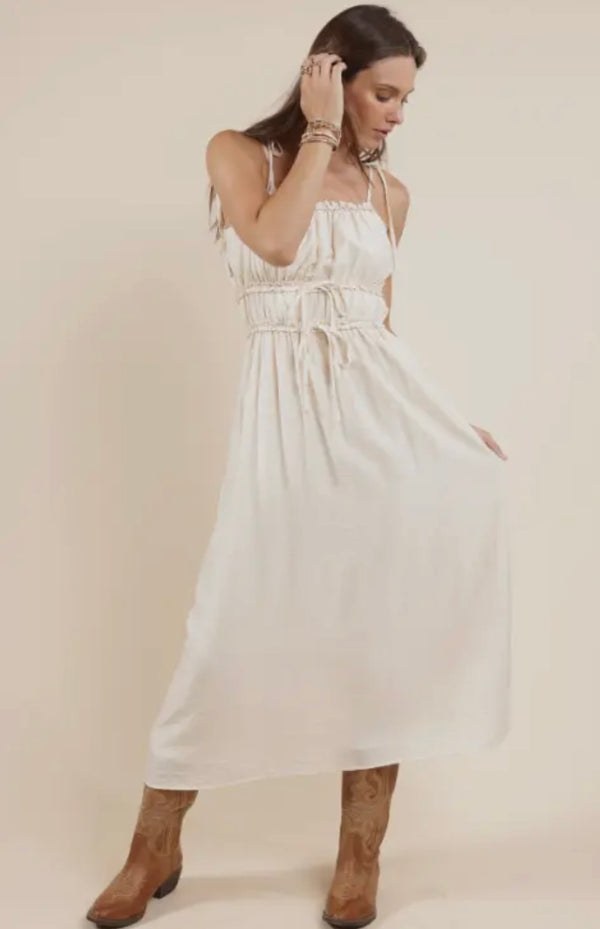 Sadie & Sage Ivory Positivity Gathered Bodice Ties Midi Dress