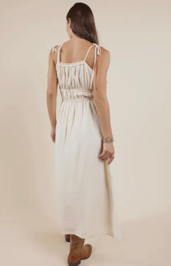 Sadie & Sage Ivory Positivity Gathered Bodice Ties Midi Dress