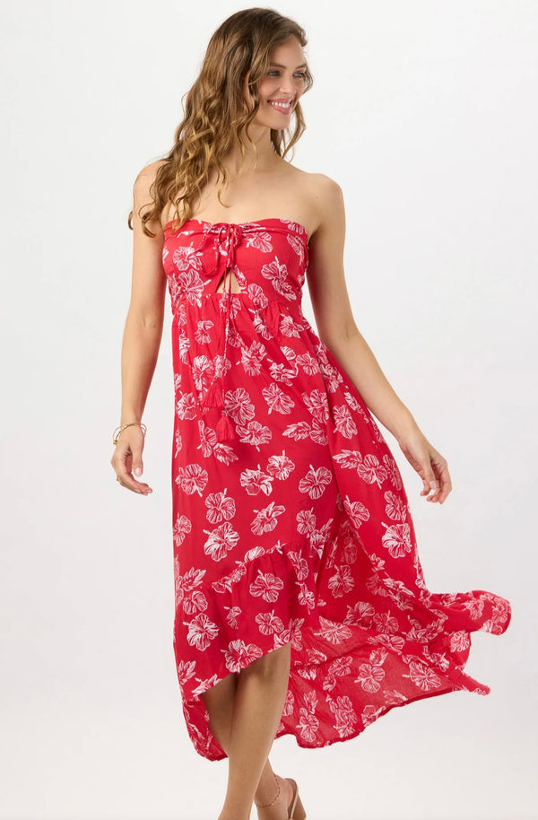 Tiare Hawaii Honolulu Red Leah Tie Front Bodice/Halter High Low Hem Maxi Dress