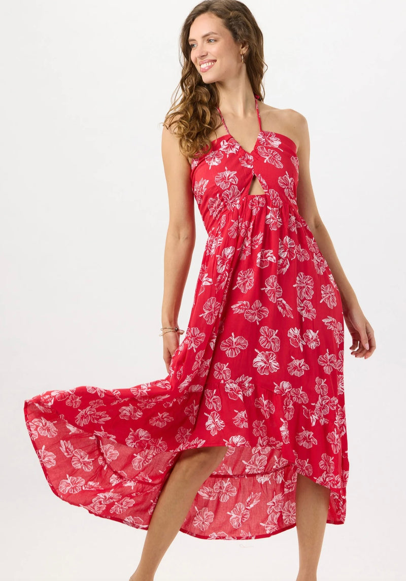 Tiare Hawaii Honolulu Red Leah Tie Front Bodice/Halter High Low Hem Maxi Dress