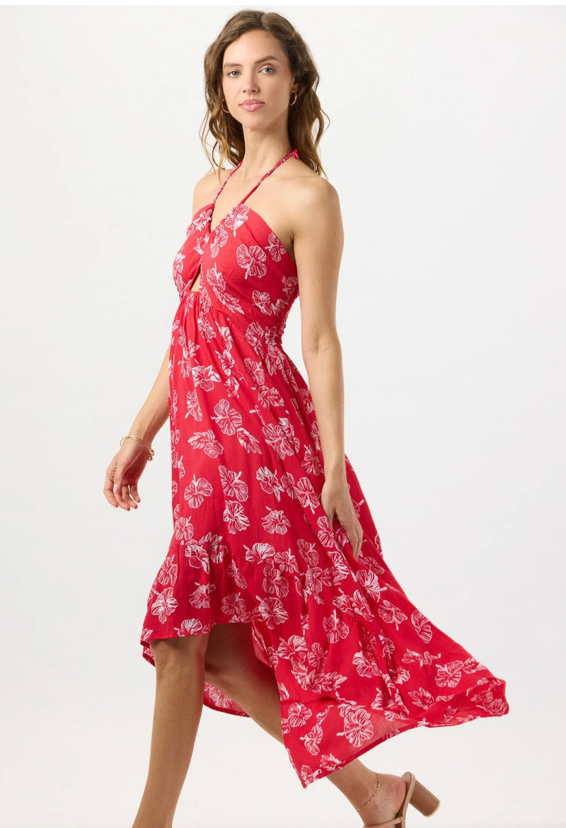 Tiare Hawaii Honolulu Red Leah Tie Front Bodice/Halter High Low Hem Maxi Dress