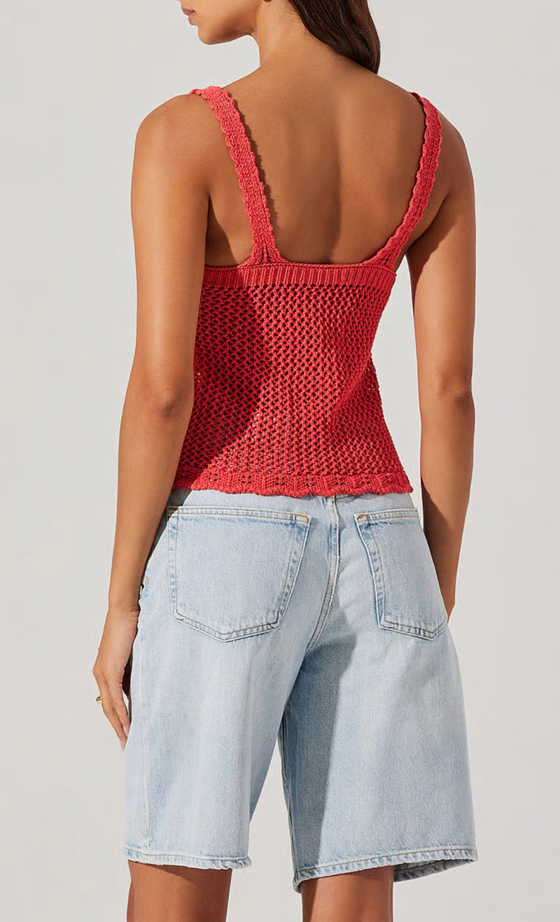ASTR Coral Red Kalaya Crochet Neck Cropped Knit Top