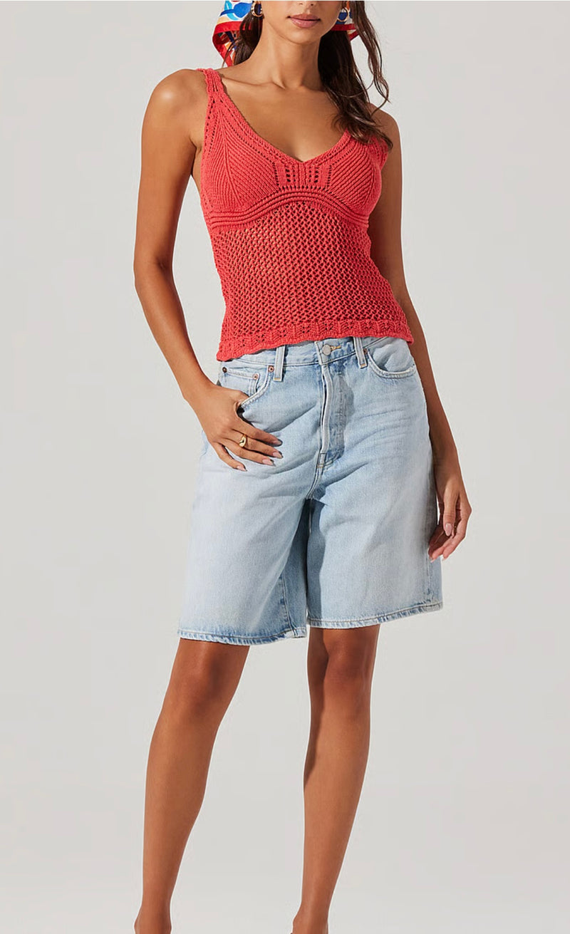 ASTR Coral Red Kalaya Crochet Neck Cropped Knit Top