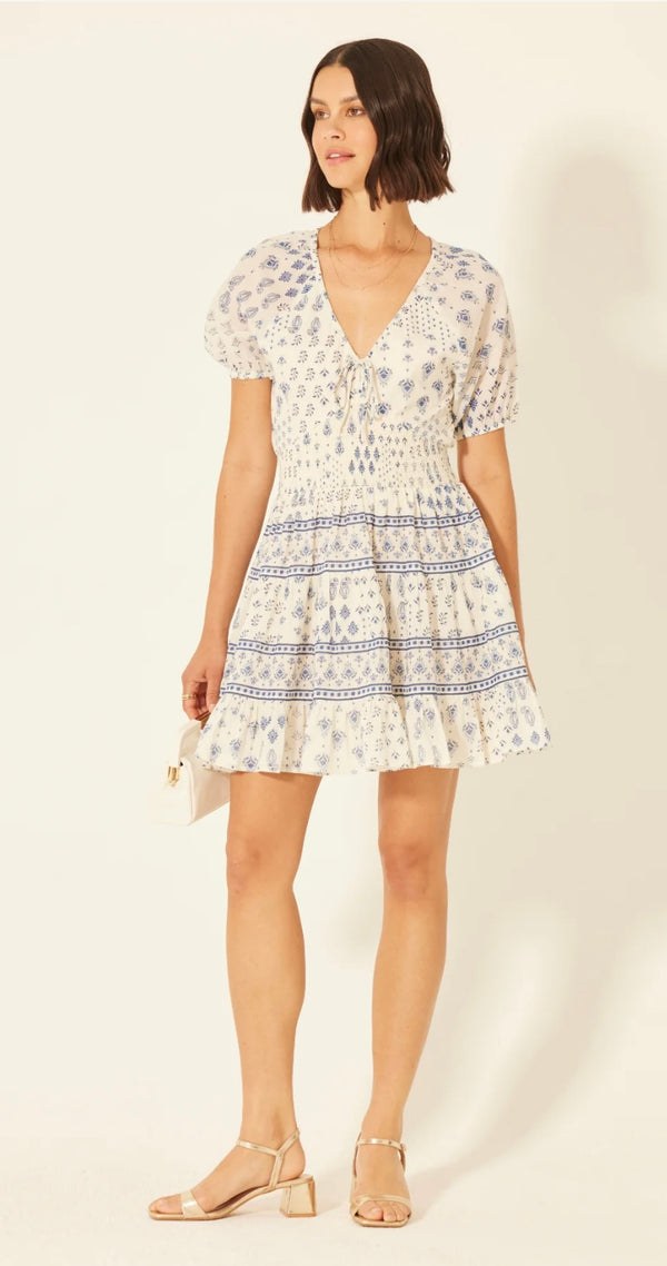 Bila 77 Pearl w/Blue VNeck Smocked Waist Short Sleeve Alexander Mini Dress