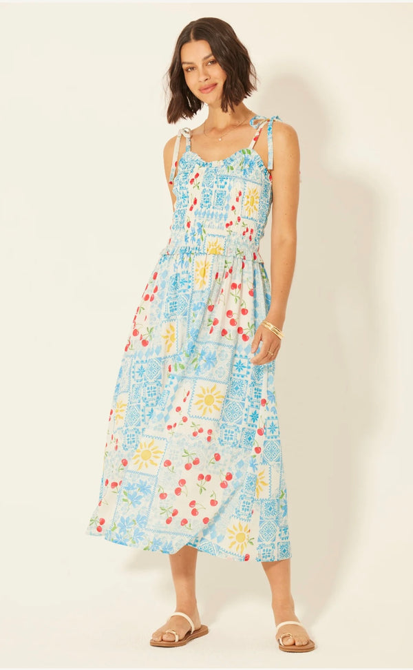 Bila 77 Antique White w/ Cherries Tie Shoulder Straps Smocking and Tie Back Fairfax Midi Dress