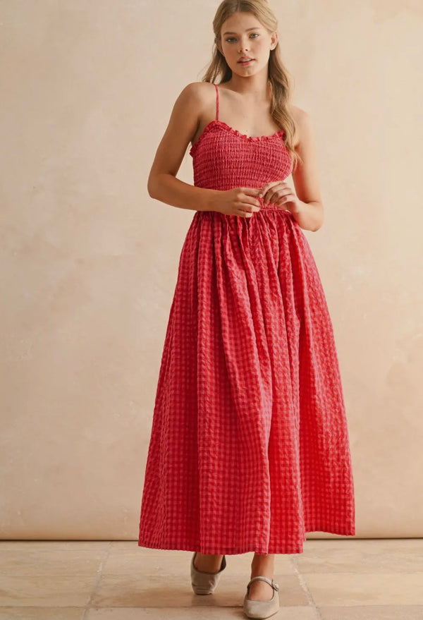 Miou Muse Cherry Red Gingham Print Smocked Bodice Spaghetti Strap Midi Dress