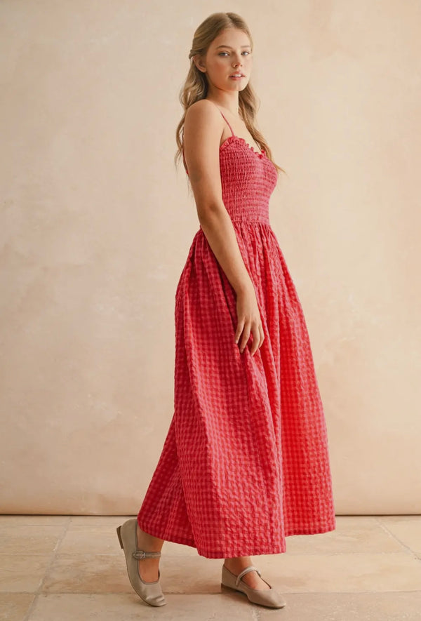 Miou Muse Cherry Red Gingham Print Smocked Bodice Spaghetti Strap Midi Dress