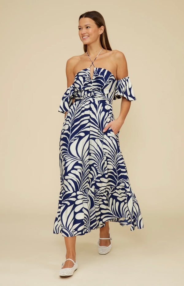 Lucy Paris Navy White Off Shoulder Spaghetti Cross Straps Ophelia Midi Dress