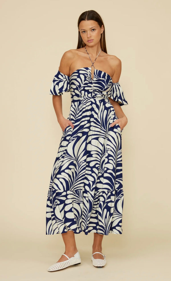 Lucy Paris Navy White Off Shoulder Spaghetti Cross Straps Ophelia Midi Dress
