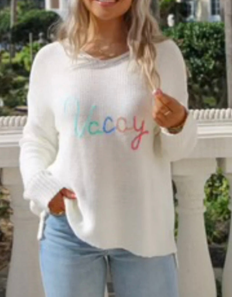 Vintage Havana White "VACAY" Embroidered Crew Neck Knit Sweater