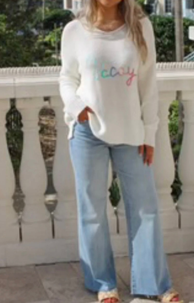 Vintage Havana White "VACAY" Embroidered Crew Neck Knit Sweater
