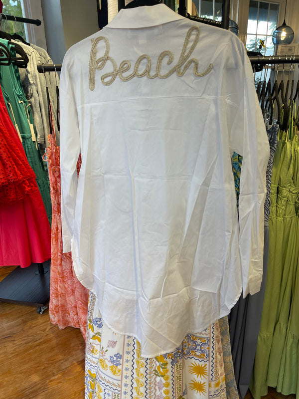 Vintage Havana White Button Up W/ Gold "Beach" on Back Top