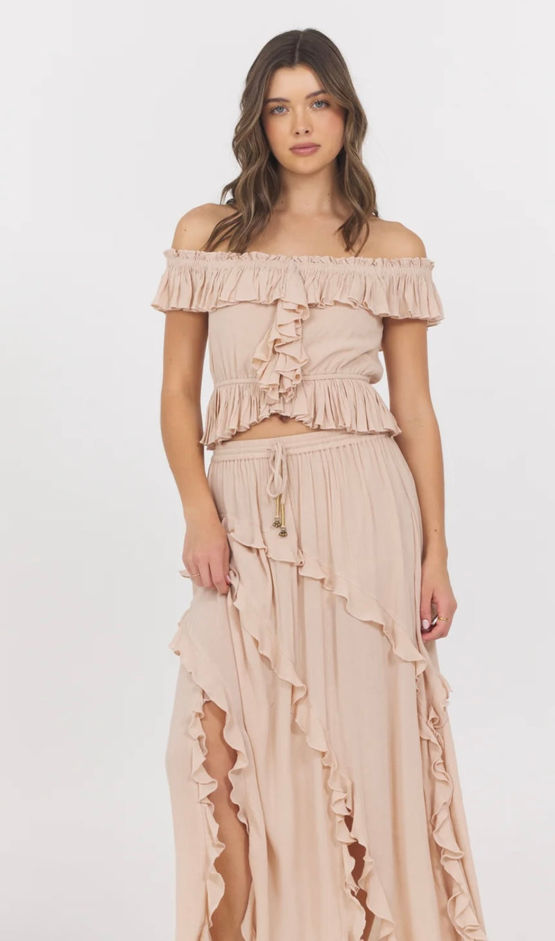 Vintage Havana Champagne Toast Ruffle Off Shoulder Top