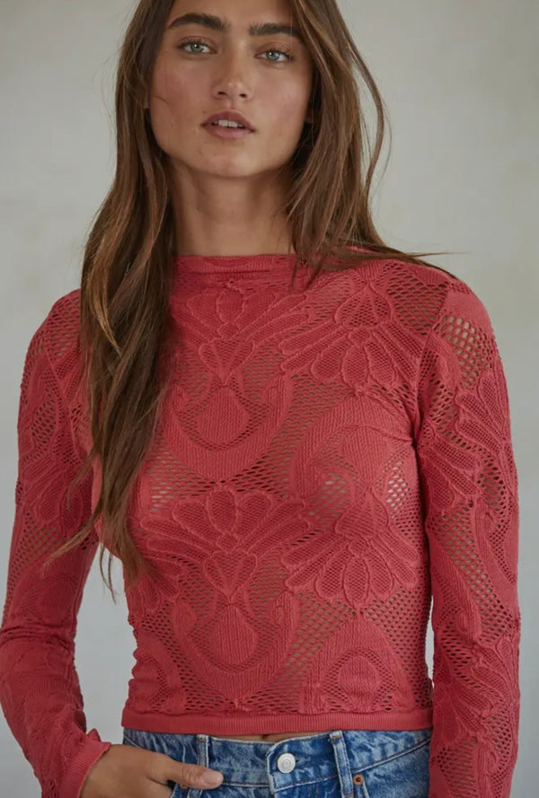 By Together Crimson Knit Seamless Jacquard Mock Neck Long Sleeve Top