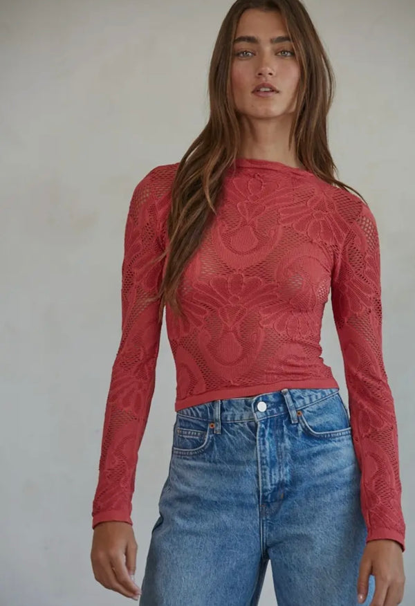 By Together Crimson Knit Seamless Jacquard Mock Neck Long Sleeve Top