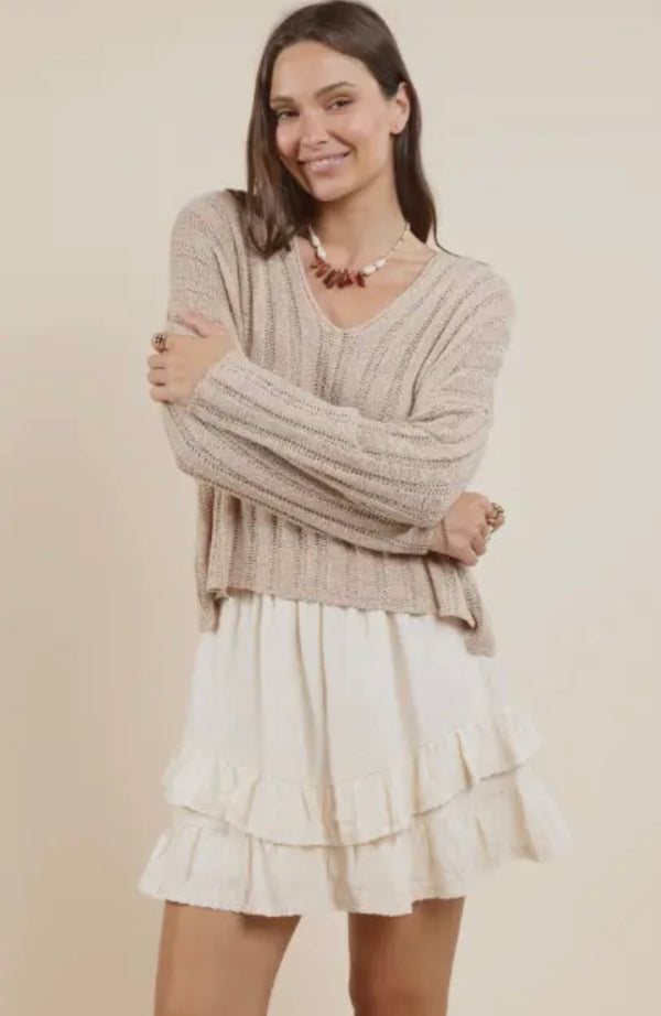 Sadie & Sage Taupe Wide Rib Knit Devon Cropped Sweater