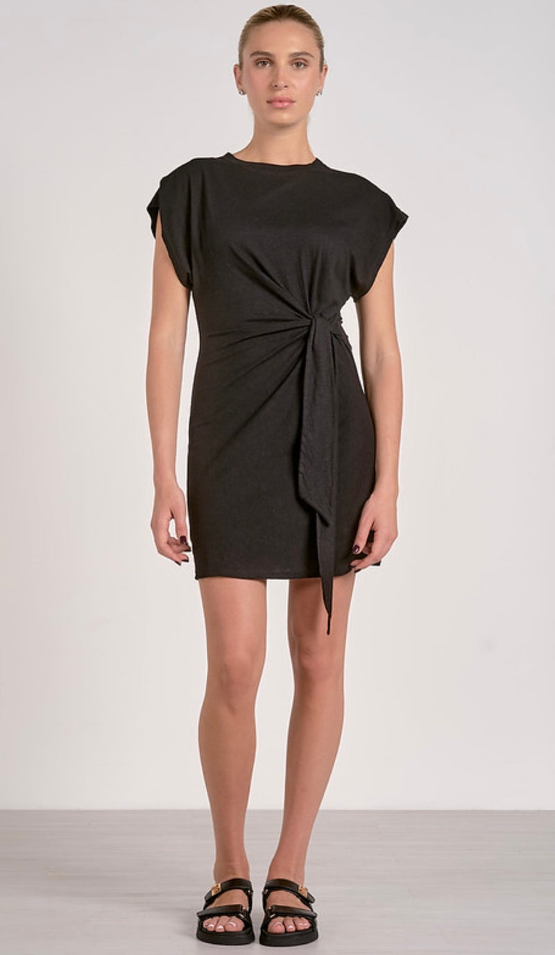 Elan Black Short Sleeve Side Sash Tie Mini Dress