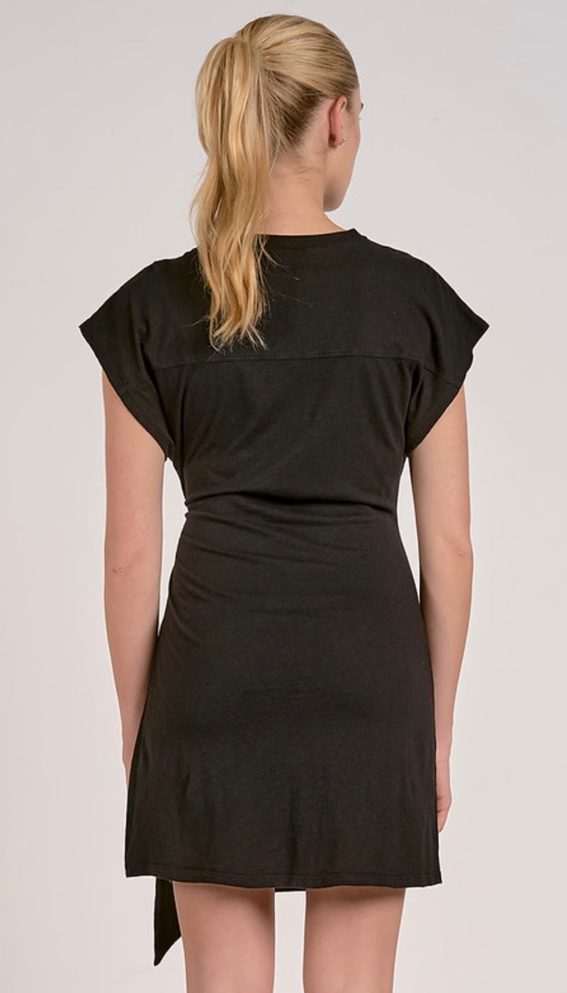 Elan Black Short Sleeve Side Sash Tie Mini Dress