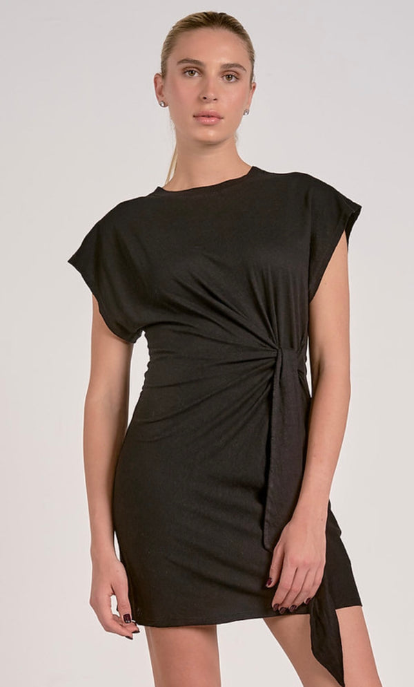 Elan Black Short Sleeve Side Sash Tie Mini Dress