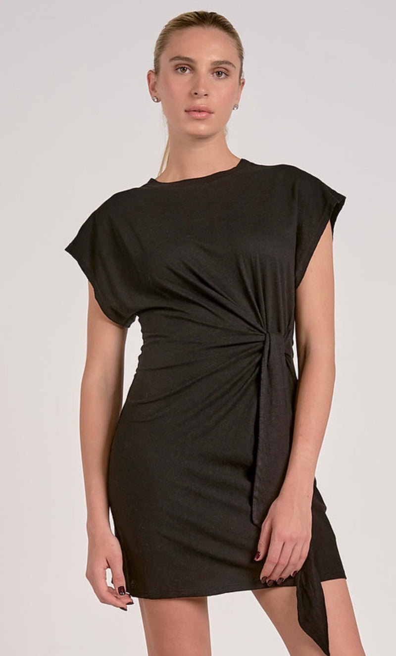 Elan Black Short Sleeve Side Sash Tie Mini Dress