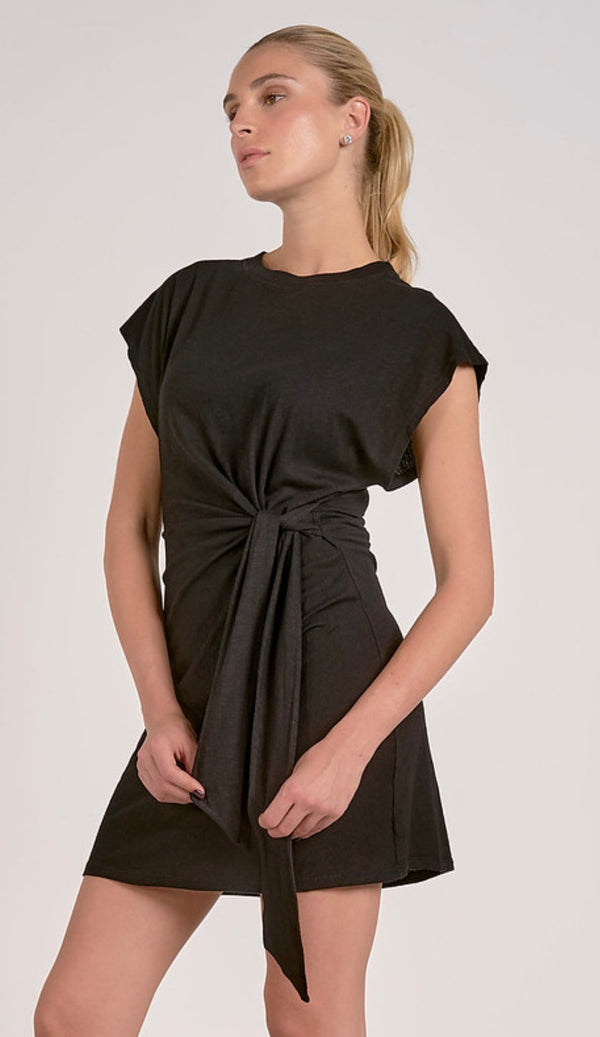 Elan Black Short Sleeve Side Sash Tie Mini Dress