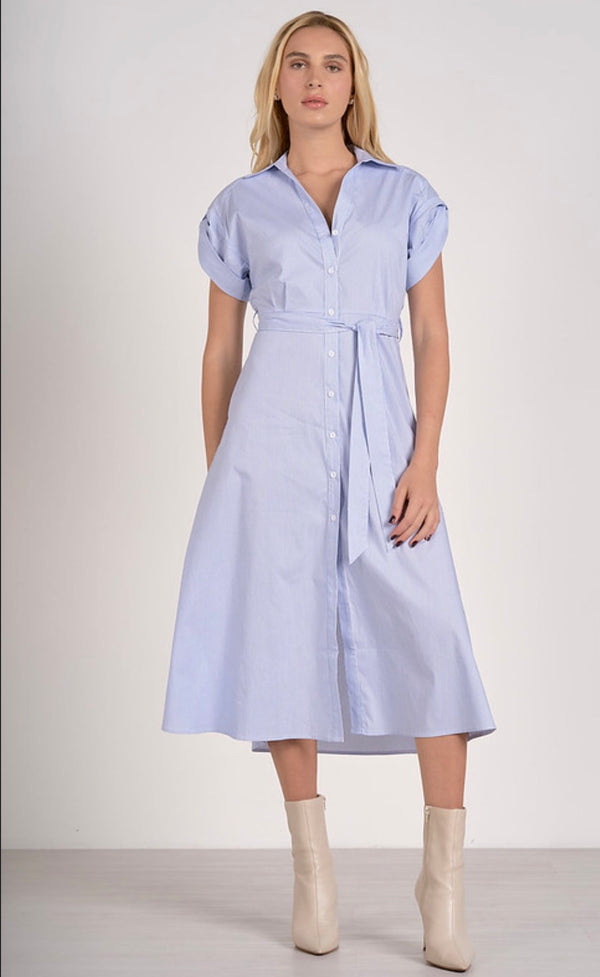 Elan Blue Stripe Cuffed Short Sleeve Button Front Tie Waist Midi Dress