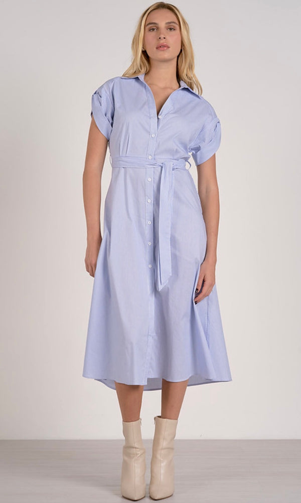 Elan Blue Stripe Cuffed Short Sleeve Button Front Tie Waist Midi Dress
