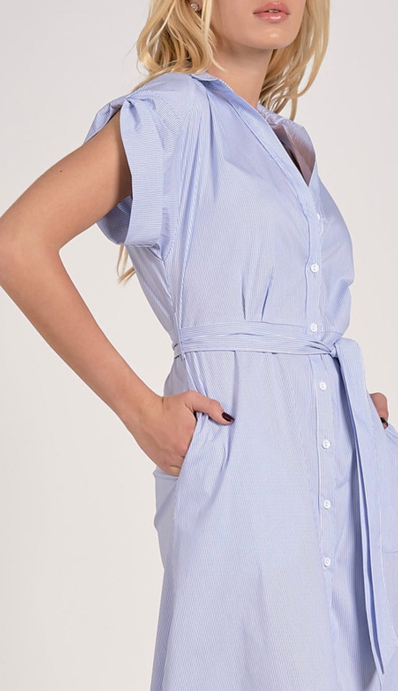Elan Blue Stripe Cuffed Short Sleeve Button Front Tie Waist Midi Dress