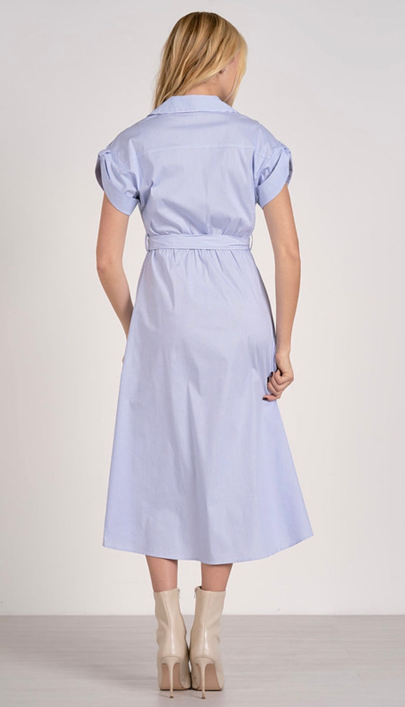 Elan Blue Stripe Cuffed Short Sleeve Button Front Tie Waist Midi Dress
