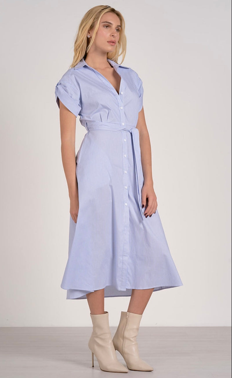 Elan Blue Stripe Cuffed Short Sleeve Button Front Tie Waist Midi Dress