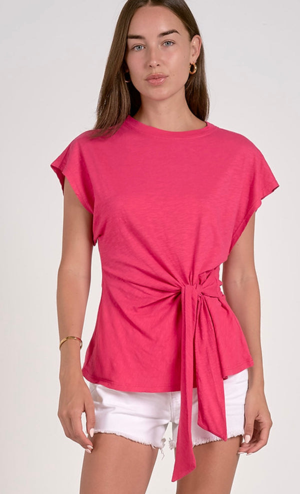 Elan Fuchsia Short Sleeve Front Sash Tie Top