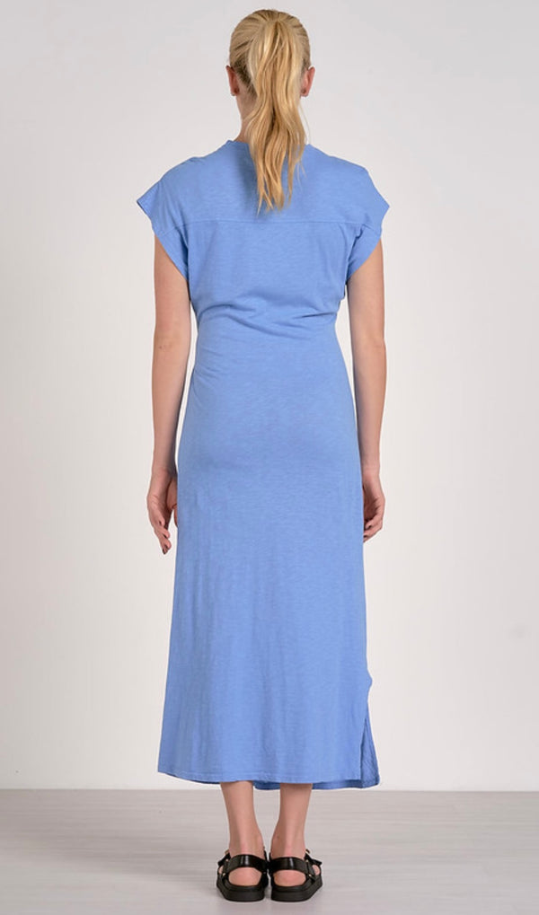 Elan Blue Short Sleeve Side Tie Sash Side Slits Maxi Dress